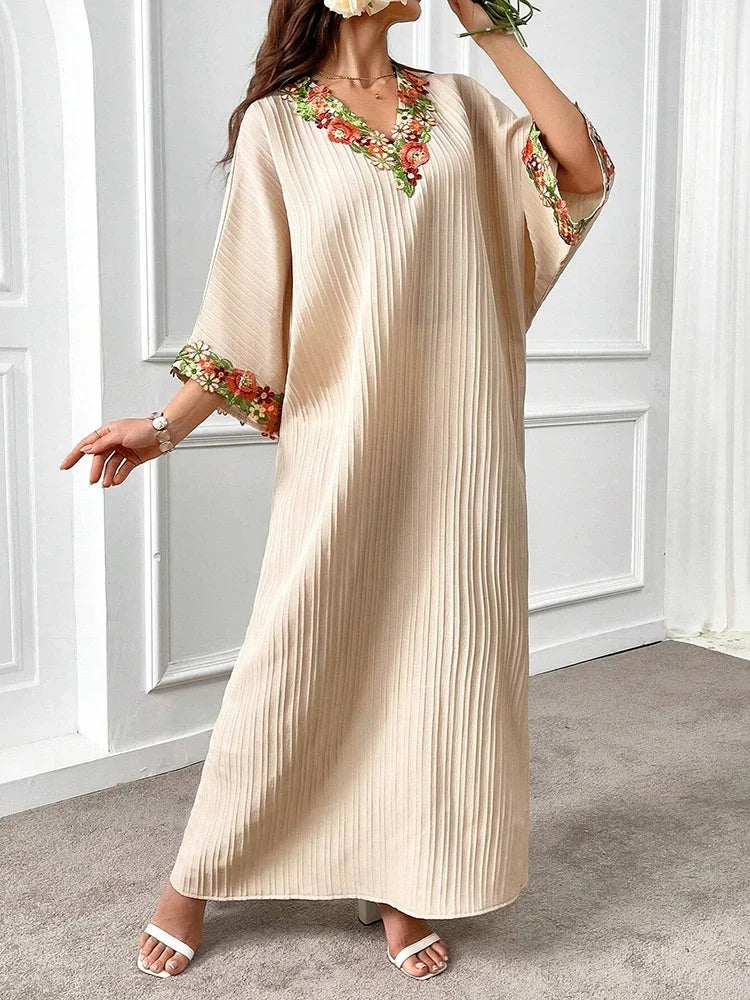 Rafiah Boutique Women's Even Dress Modest Fashion Screw Thread Sophisticated Long Sleeve V-Neck Appliques Loose Fit Dresses