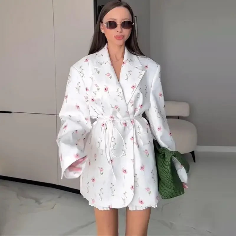 Floral Fashion Belts Blazer Coat Women Shoulder Pads Single Breasted Notched Long Sleeve Street Jacket 2025 Spring Holiday Party