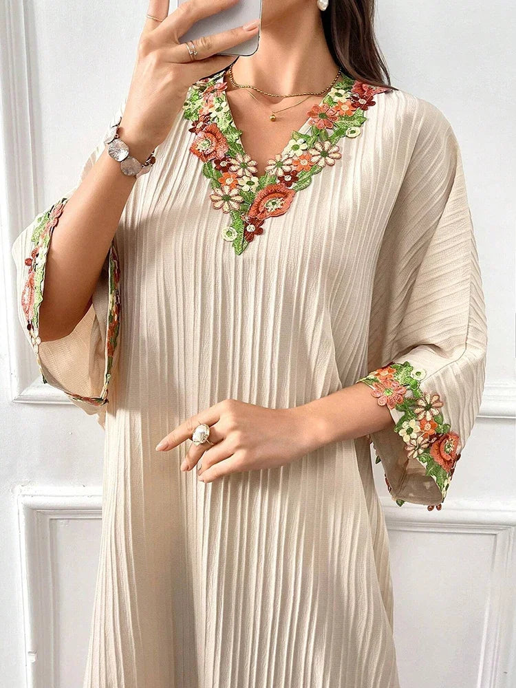 Rafiah Boutique Women's Even Dress Modest Fashion Screw Thread Sophisticated Long Sleeve V-Neck Appliques Loose Fit Dresses
