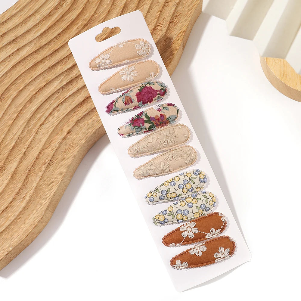 10Pcs/Lot Fresh Print Cotton Alloy Hair Clips for Kids Fabric