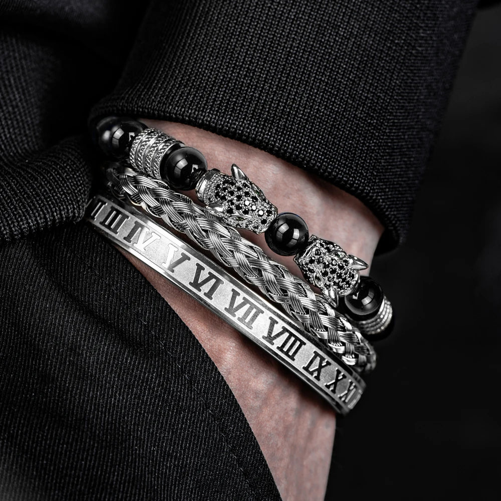 3PCS Mens Premium Black Agate Beaded Bracelet Set