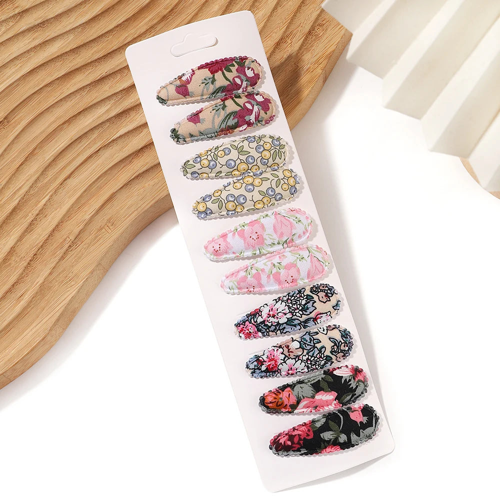 10Pcs/Lot Fresh Print Cotton Alloy Hair Clips for Kids Fabric
