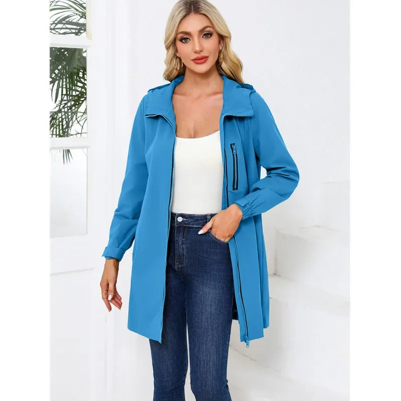 Spring New Green Women's Hooded Long Jacket, Fashion Casual Coats, European Size S-3XL, Trench Women, Pink Black Blue Available