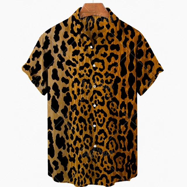 Short Sleeve Leopard Men's Shirts For Man Clothing Hawaiian Fashion 3D Print Thin Lapel Floral Casual Oversized Imported Camisa