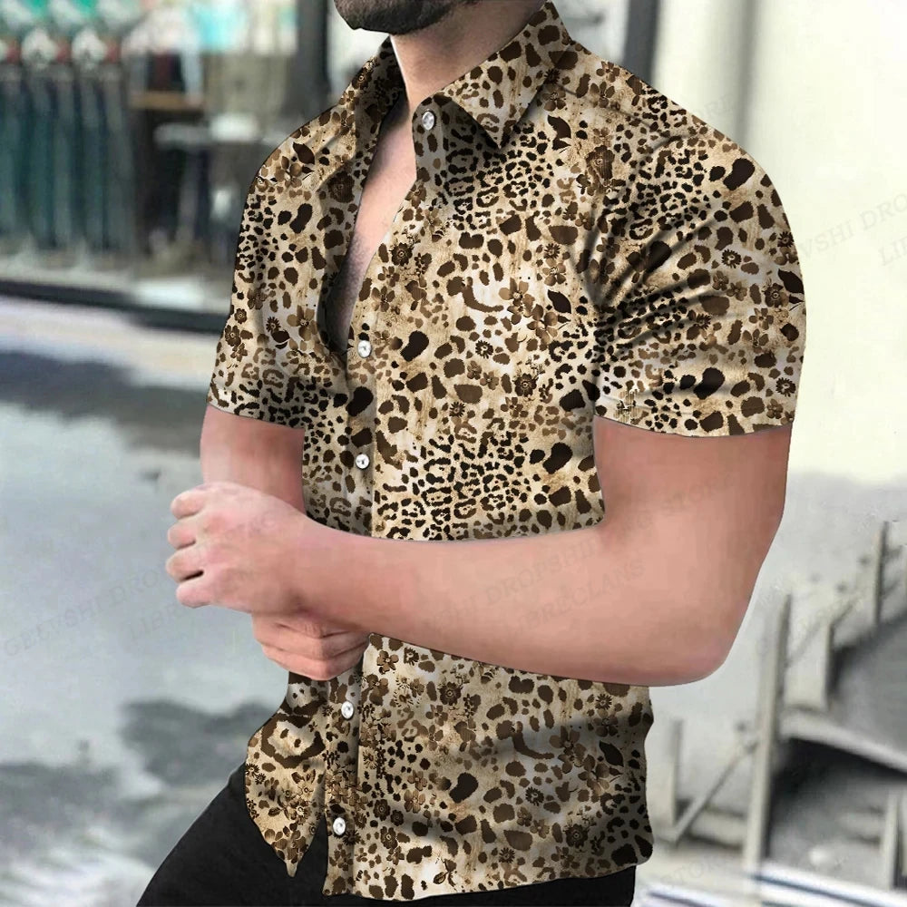 Summer Men's Hawaiian Shirts Lapel Camisa Leopard
