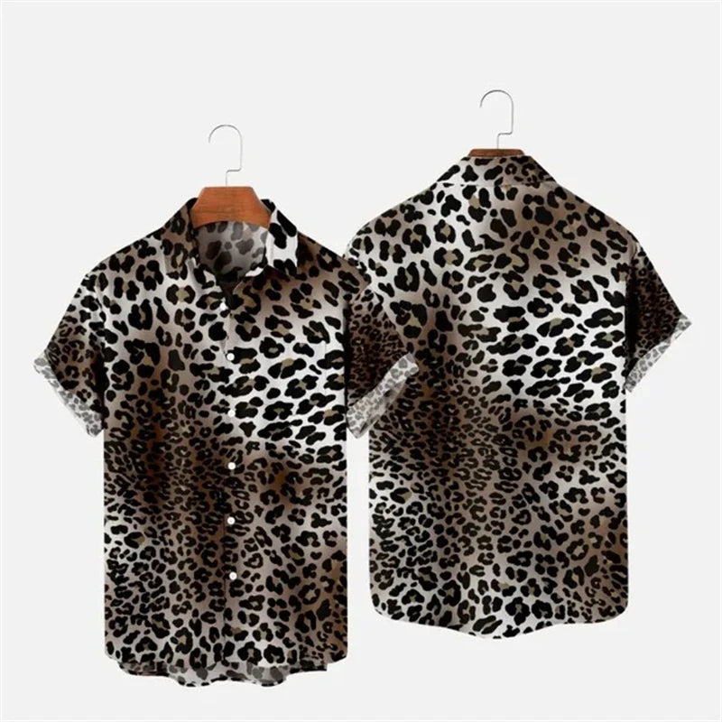 Summer Men's Hawaii Shirts y2k Tops Leopard Print Short-sleeved Harajuku Holiday Party T-shirt Casual Oversized Lapel Blouse 4XL