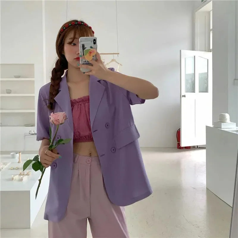 SMVP 2025 Women's Summer Short-sleeved Jacket Casual All-match Loose Double-breasted Blazers Coat Woman Korean Chic White Blazer