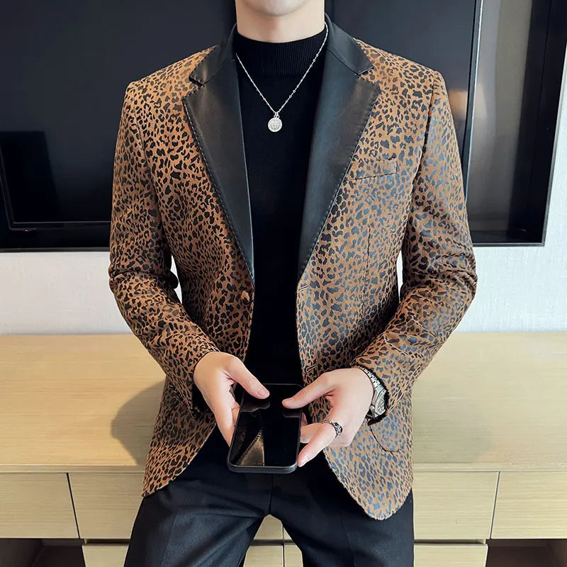 Splicing Leather Collar Men's Suit Jacket Blazer