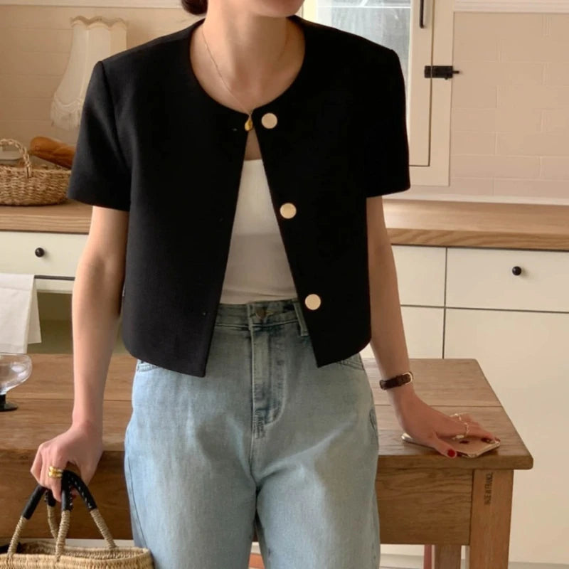 REALEFT Spring Summer Elegant Women's Jackets 2025 New Short Sleeve Korean O-neck Single Breasted Solid Short Outwear Female