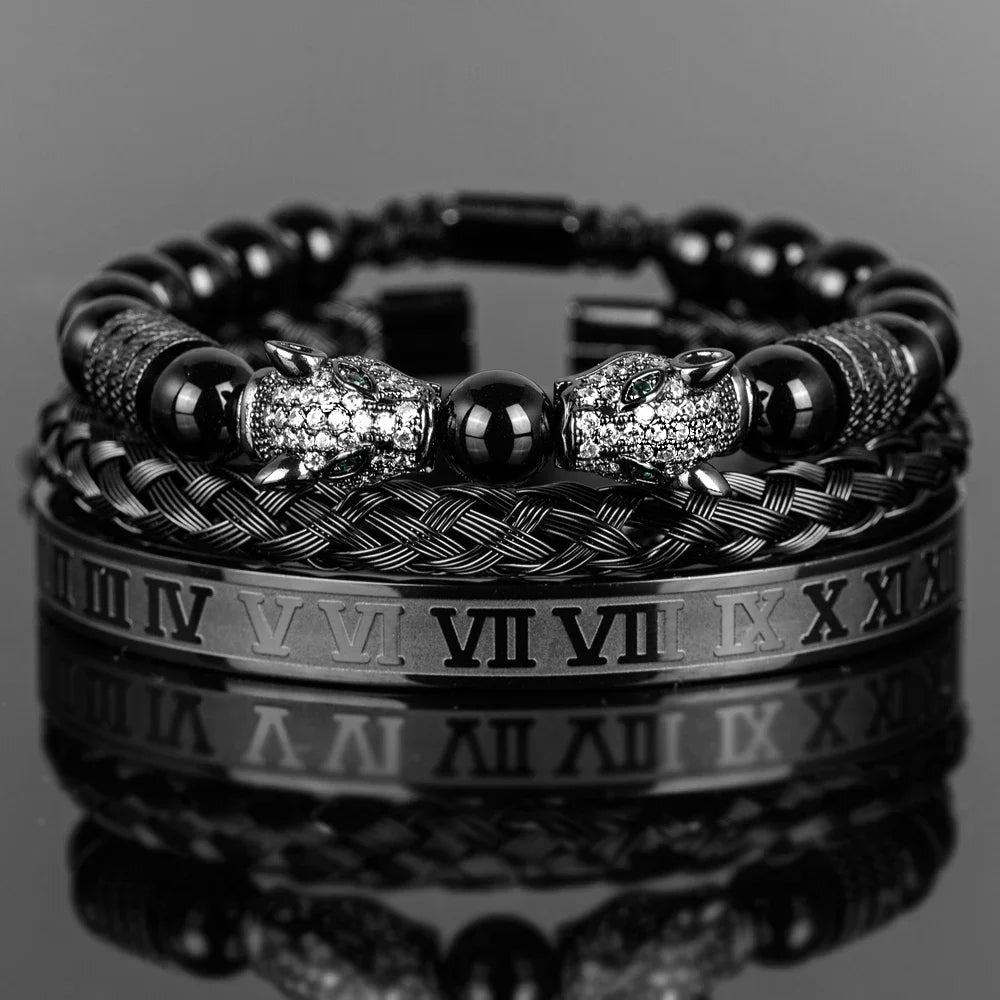 3PCS Mens Premium Black Agate Beaded Bracelet Set