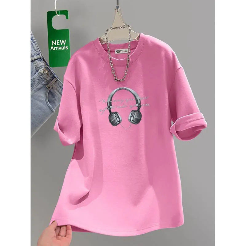 Women's Clothing Chic Headset Print Basic Pullovers Summer Casual Loose Pure Cotton Short Sleeve T-shirt Lady All-match Top Tees