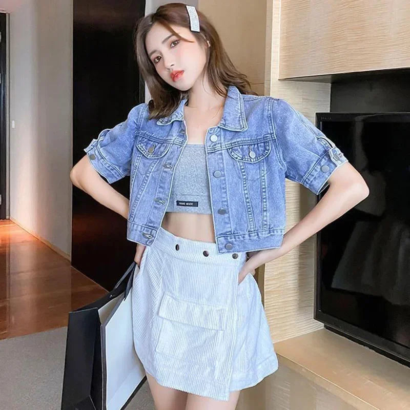 Fashion Buttons Casual Jean Coat Cropped Denim Jacket Women Summer Loose Korean Solid Short Sleeve Turn Down Collar Outerwear