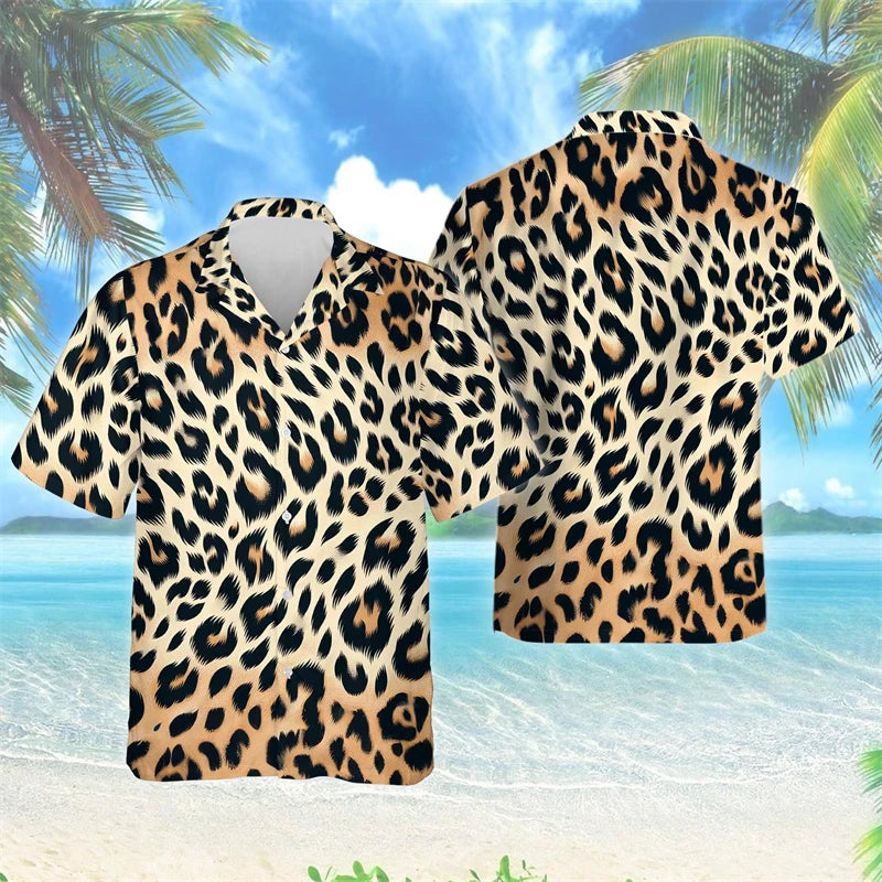 Female Leopard Graphic Lapel Blouse Fashion Male Streetwear Hip Hop Shirt For Men Clothes Wild Animal Short Sleeve Cheetah Top