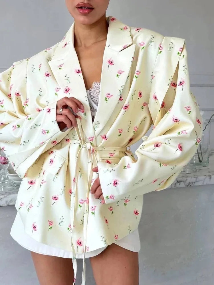 Floral Fashion Belts Blazer Coat Women Shoulder Pads Single Breasted Notched Long Sleeve Street Jacket 2025 Spring Holiday Party