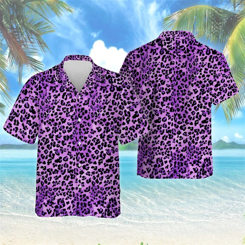 Female Leopard Graphic Lapel Blouse Fashion Male Streetwear Hip Hop Shirt For Men Clothes Wild Animal Short Sleeve Cheetah Top
