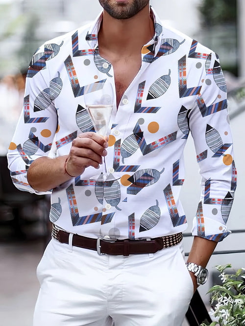 Fashion Tiger Chain Leopard Pattern Feather Digital Print Men's Long Sleeved Shirt Leisure Party Street Hawaiian Polo Neck Shirt