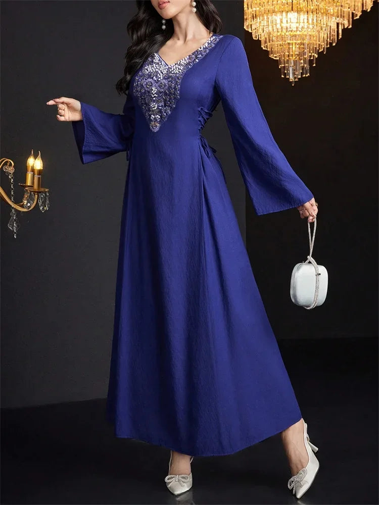 Rafiah Select Long Women's Dress V Neckline Long Sleeves Ties Long Sleeve Square Neck Arabian Dress Casual Sophisticated