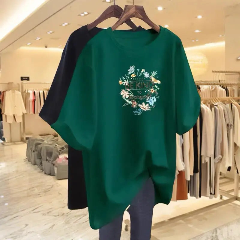 Women Clothing Floral Printing Pure Cotton Basic T-shirts Summer Fashion O-neck Short Sleeve Loose Tee Casual Chic Tops 45-105Kg
