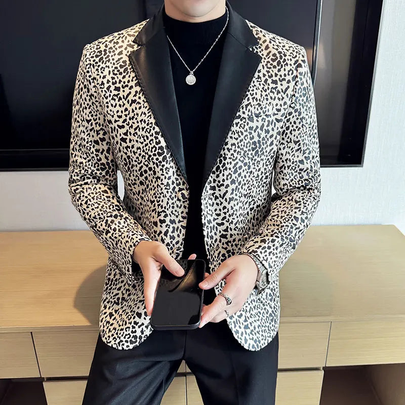 Splicing Leather Collar Men's Suit Jacket Blazer