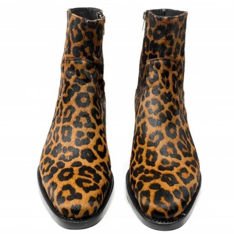 Brown Leopard Print Genuine Leather Mens Ankle Boots
