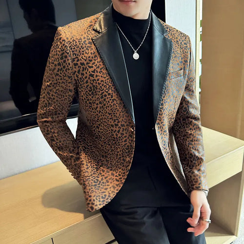 Splicing Leather Collar Men's Suit Jacket Blazer
