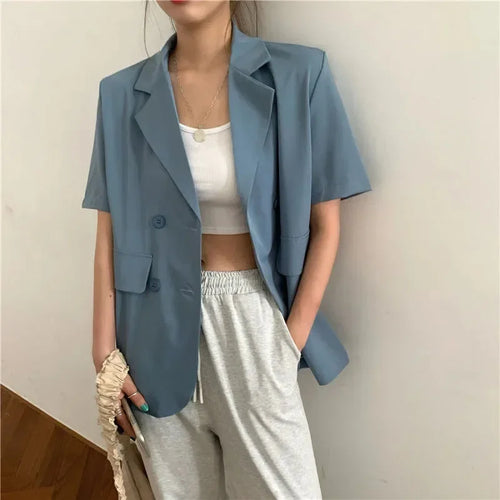 SMVP 2025 Women's Summer Short-sleeved Jacket Casual All-match Loose Double-breasted Blazers Coat Woman Korean Chic White Blazer