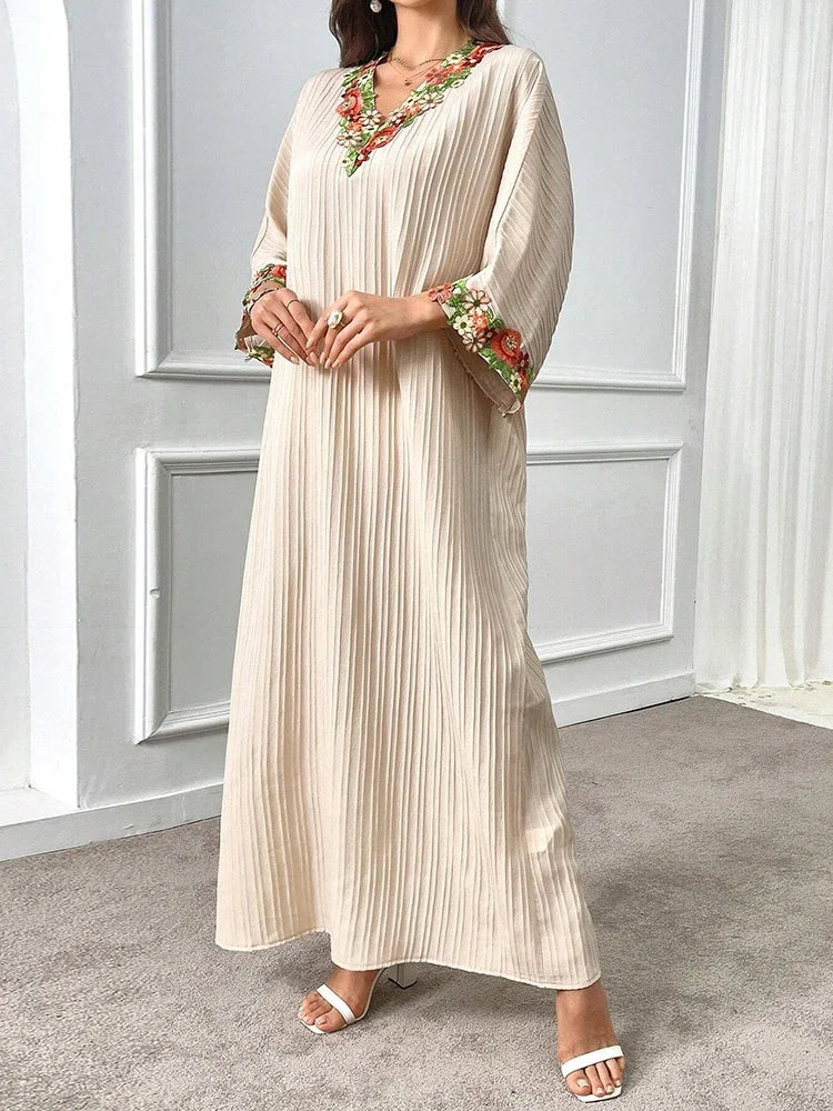 Rafiah Boutique Women's Even Dress Modest Fashion Screw Thread Sophisticated Long Sleeve V-Neck Appliques Loose Fit Dresses