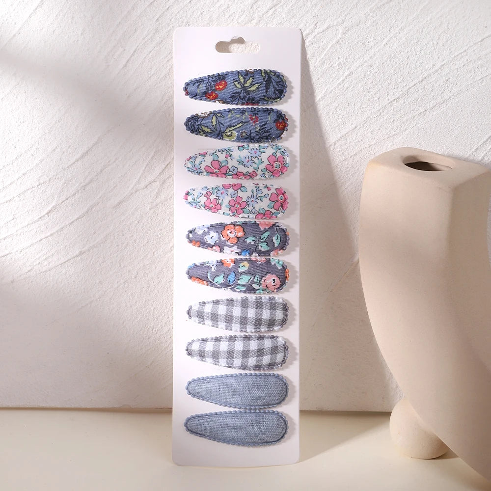 10Pcs/Lot Fresh Print Cotton Alloy Hair Clips for Kids Fabric