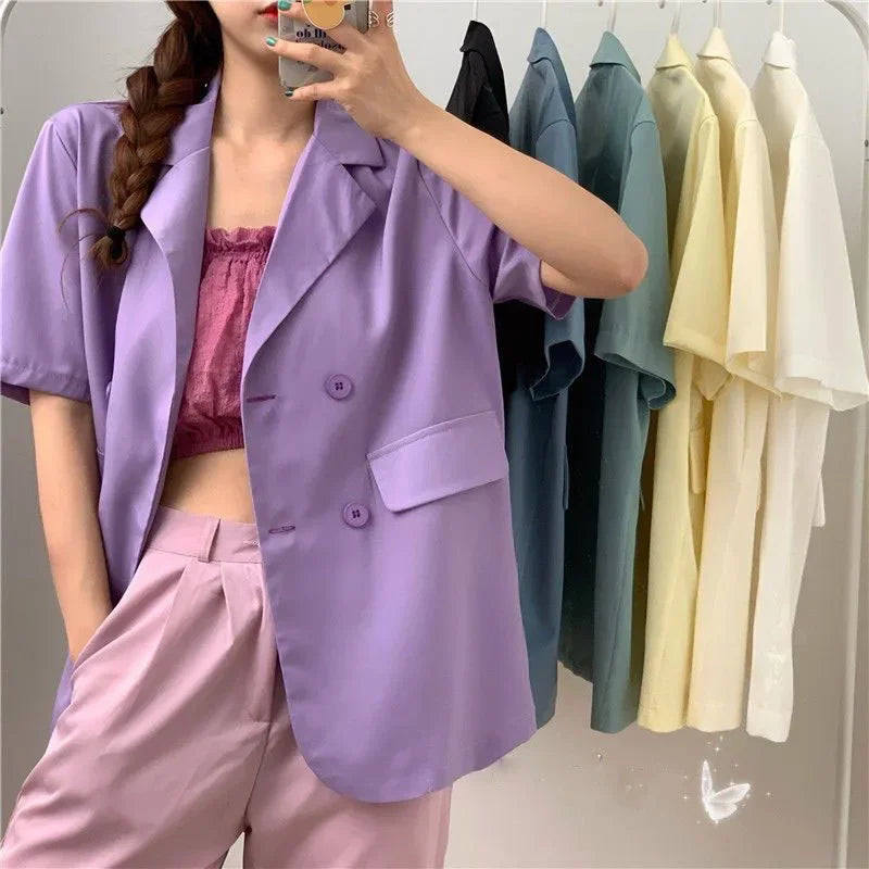 SMVP 2025 Women's Summer Short-sleeved Jacket Casual All-match Loose Double-breasted Blazers Coat Woman Korean Chic White Blazer