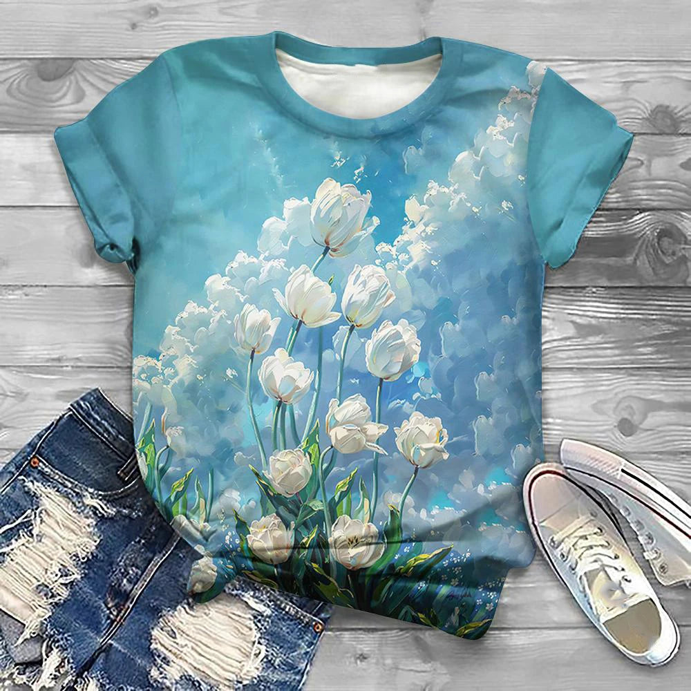 Flower Floral Pattern 3D Print T-Shirts Women Casual O-Neck Short Sleeve T Shirt Y2k Harajuku Tee Streetwear Top Female Clothing
