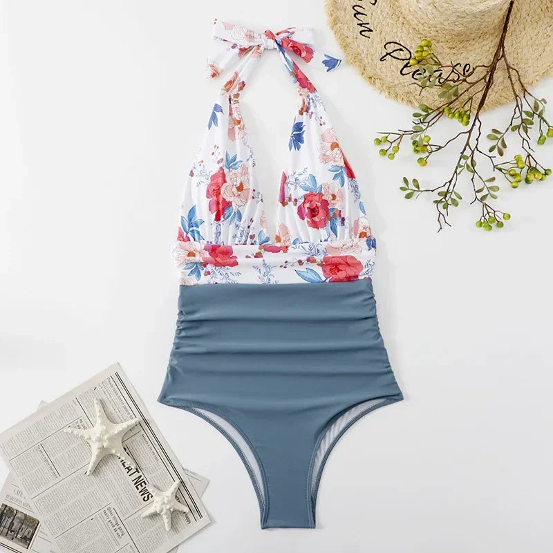 Fashion Printed One Piece Swimsuit Women Bathing Suit Sexy Bikinis Swimming Suits Ladies Beachwear Backless Lace Up Swimwear
