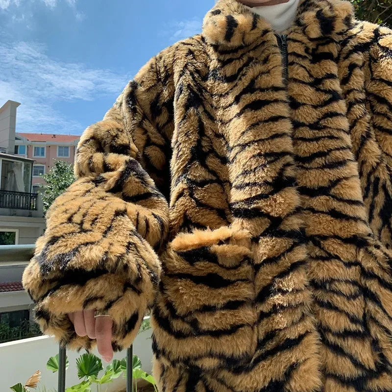 Tiger Stripes Printed Men Jacket Loose Fluffy Imitation