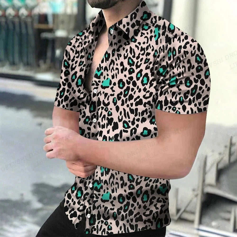 Summer Men's Hawaiian Shirts Lapel Camisa Leopard
