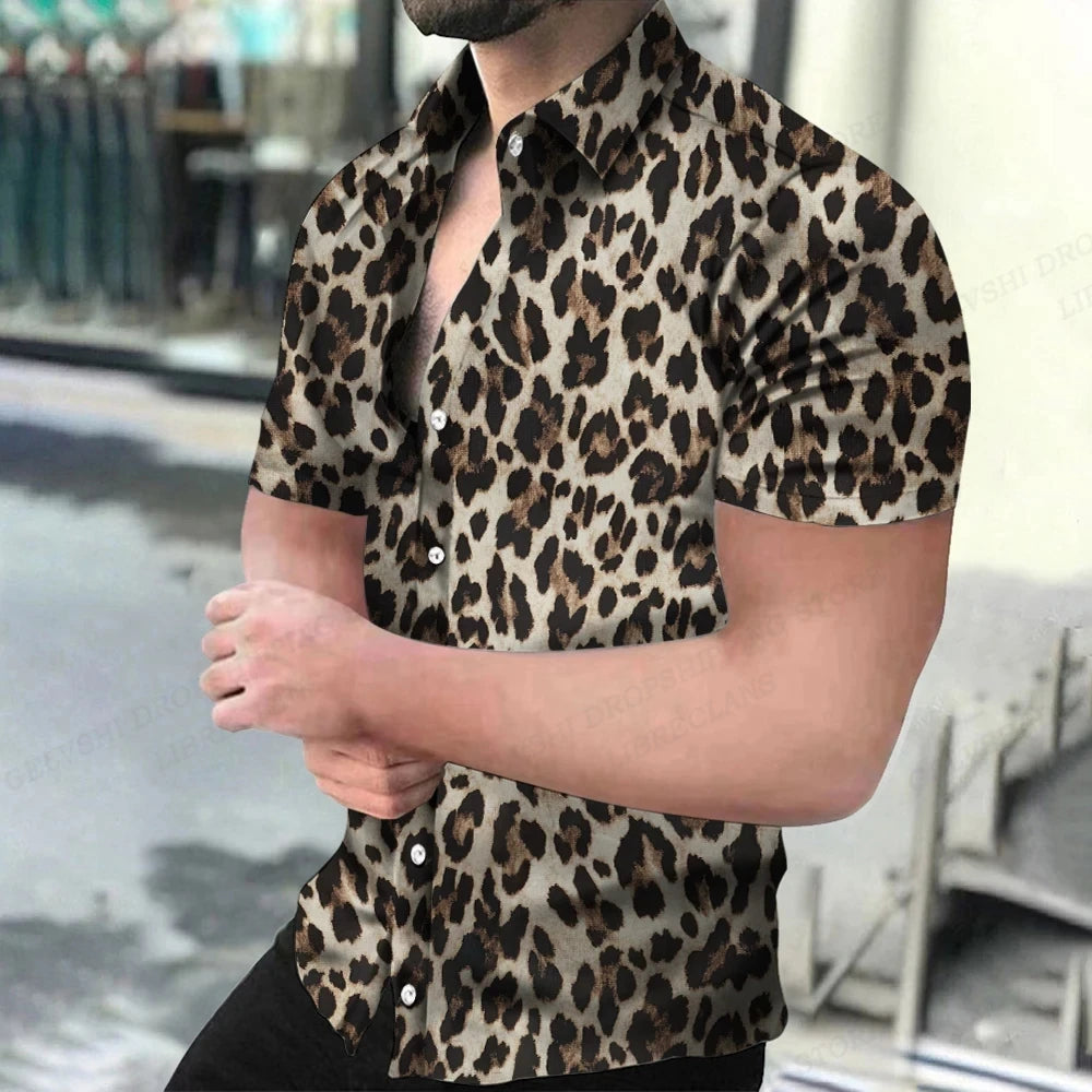 Summer Men's Hawaiian Shirts Lapel Camisa Leopard
