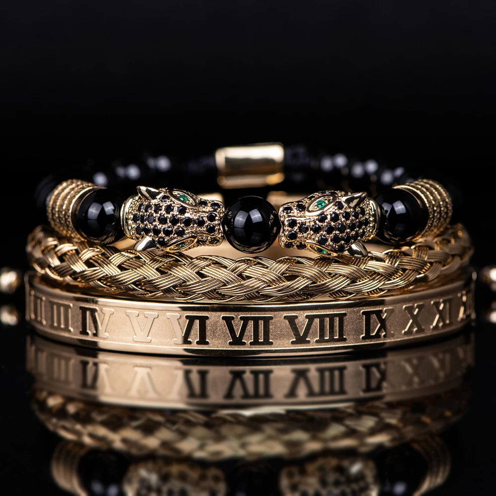 3PCS Mens Premium Black Agate Beaded Bracelet Set