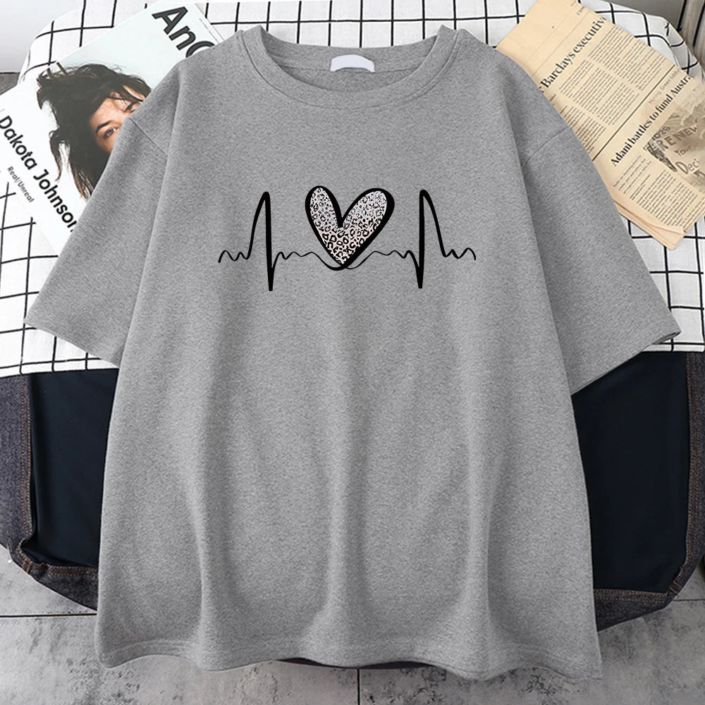 Fluctuating Leopard Heart Electrocardiogram T-Shirt Women Summer Soft Clothing Fashion Short Sleeve Plus Size Cotton Tshirts