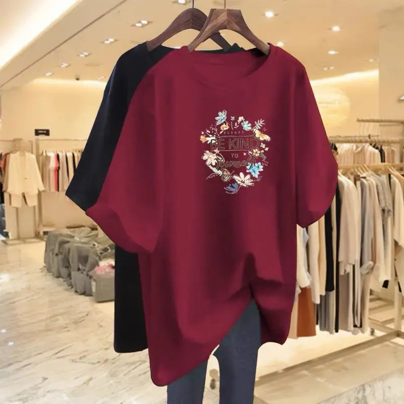 Women Clothing Floral Printing Pure Cotton Basic T-shirts Summer Fashion O-neck Short Sleeve Loose Tee Casual Chic Tops 45-105Kg