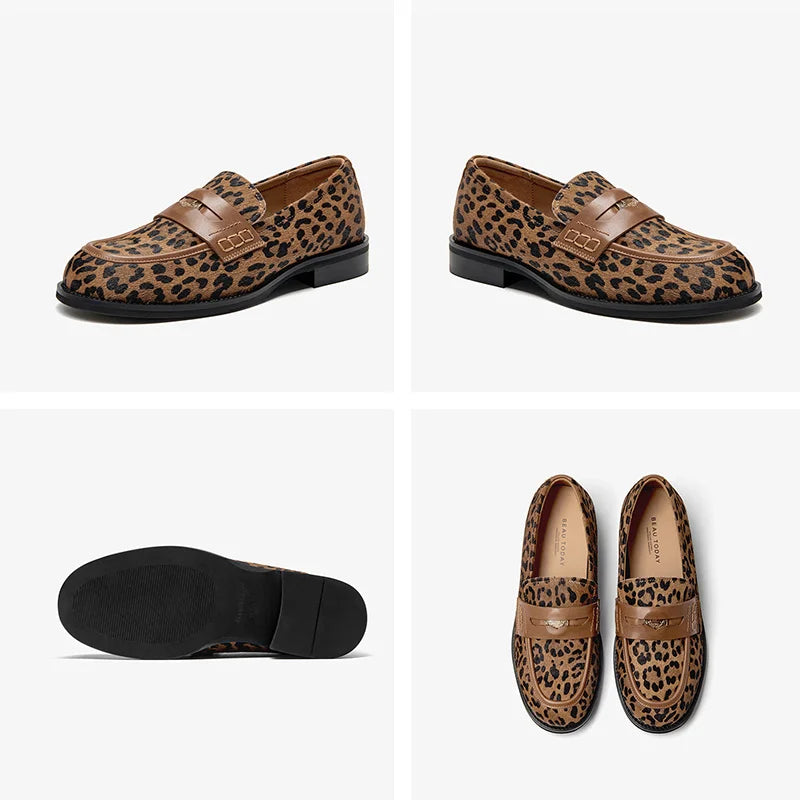 BEAUTODAY Penny Loafers Women Cowhide Round Toe