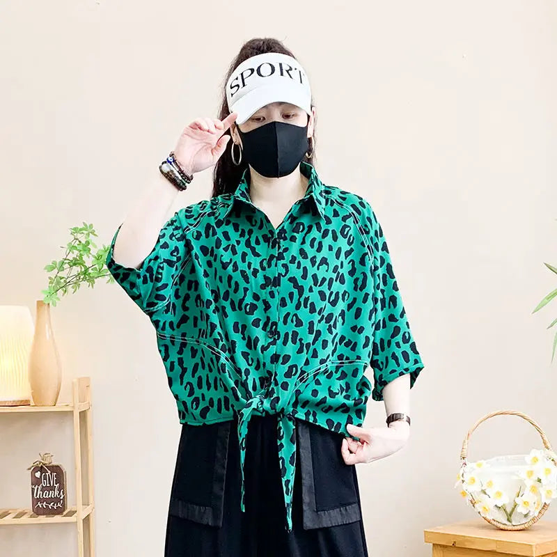 Summer Mid-sleeved Bat Shirt Leopard Print Shirt Middle-aged Mother