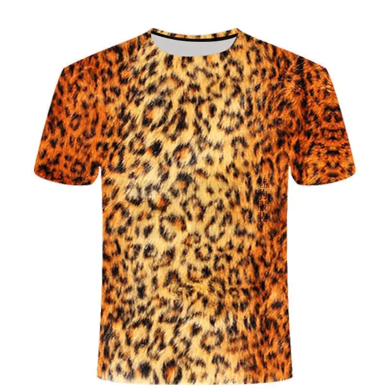 Leopard Print 3D Printing T-shirt Contrasting Stripes Fleck