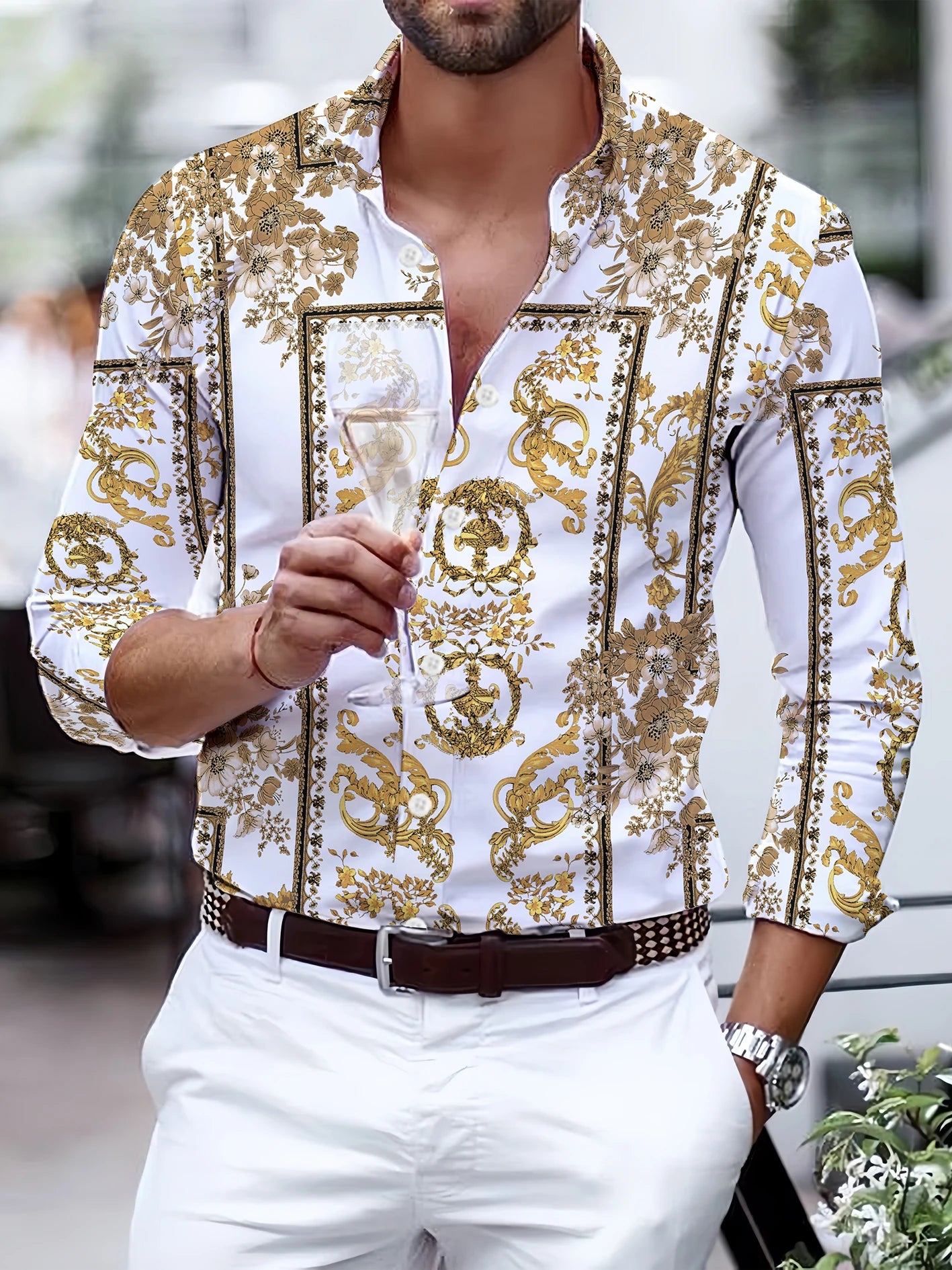 Fashion Tiger Chain Leopard Pattern Feather Digital Print Men's Long Sleeved Shirt Leisure Party Street Hawaiian Polo Neck Shirt