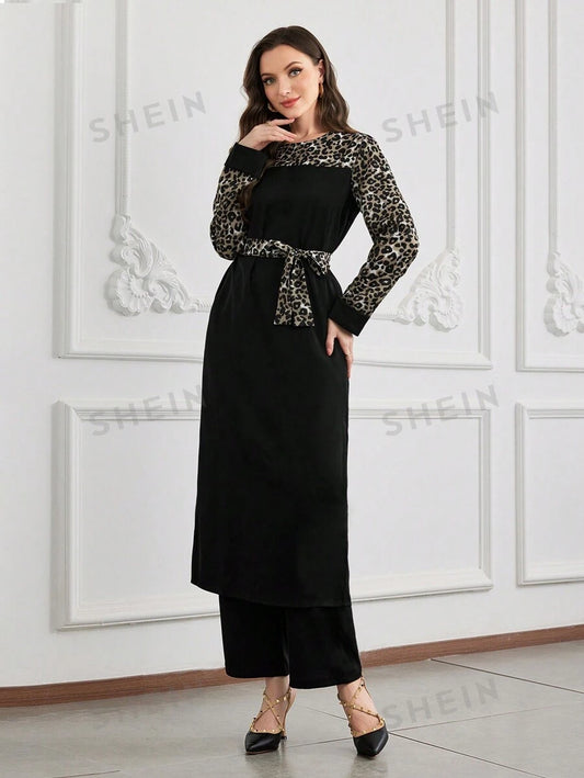 Ensemble 2 Pièces Femme Imprimé Léopard - Top Long avec Fente Latérale et Pantalon à Jambe Large Taille Élastique