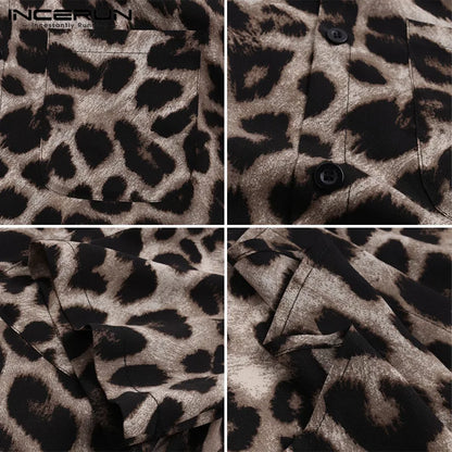 Casual Leopard Printed Men Shirt Short Sleeve Party