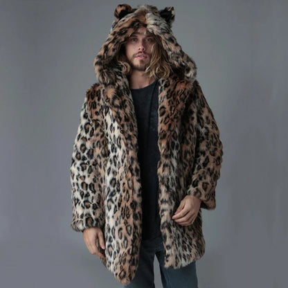 Plus Size Faux Fur Jacket For Men  Winter Male Leopard