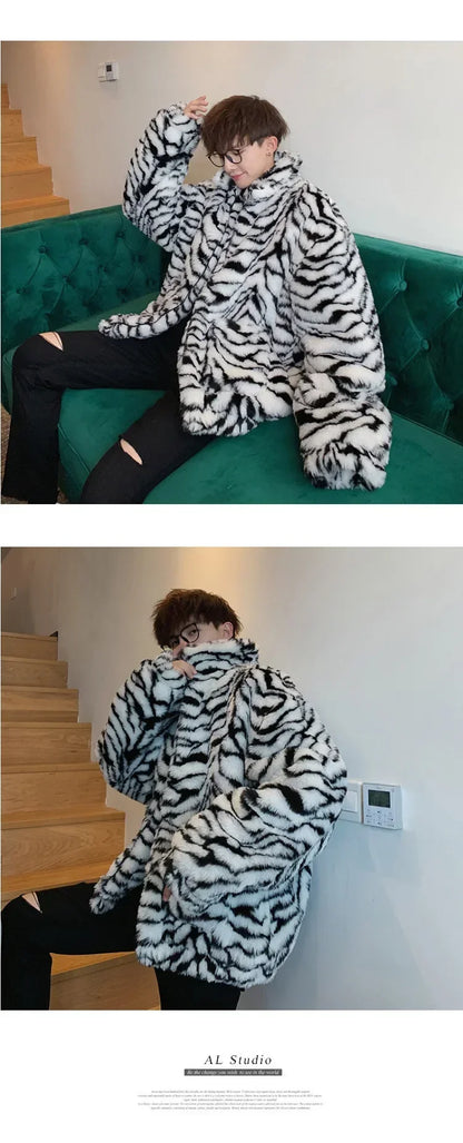 Tiger Stripes Printed Men Jacket Loose Fluffy Imitation