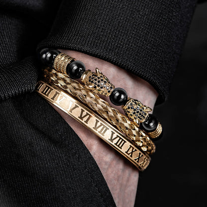 3PCS Mens Premium Black Agate Beaded Bracelet Set