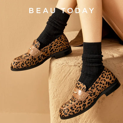 BEAUTODAY Penny Loafers Women Cowhide Round Toe