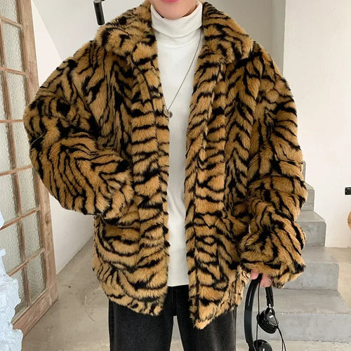 Tiger Stripes Printed Men Jacket Loose Fluffy Imitation