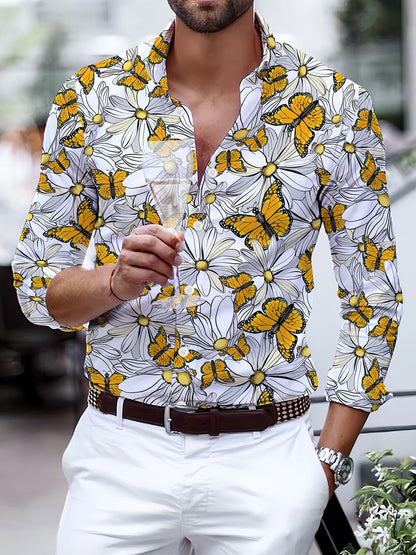 Fashion Tiger Chain Leopard Pattern Feather Digital Print Men's Long Sleeved Shirt Leisure Party Street Hawaiian Polo Neck Shirt
