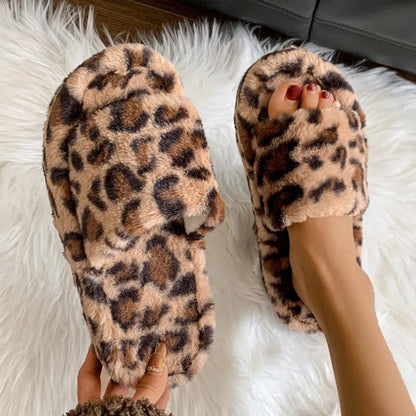 Luxury Leopard Fur Slippers Women's High Platform